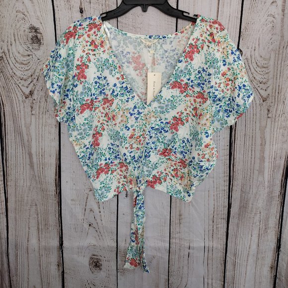 NWT Sim & Sam | Flutter Sleeve V-Neck Floral Boho Tie Front Top - Picture 1 of 7